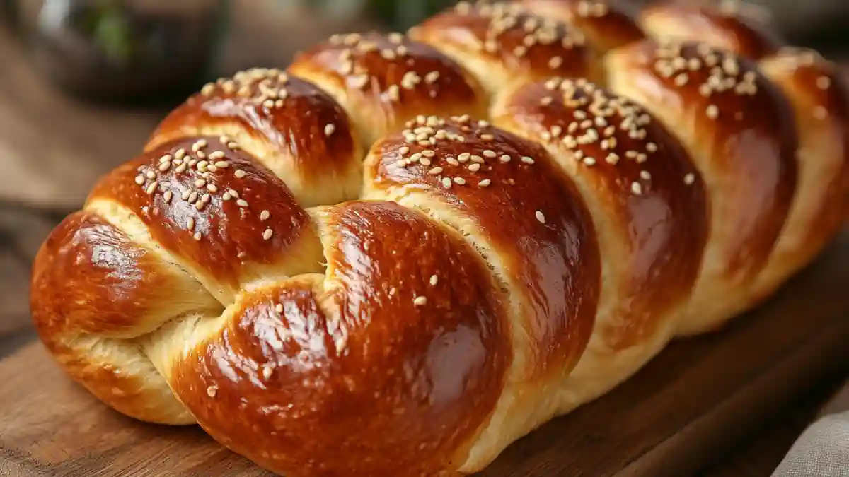 Shiny golden challah bun on rustic wood