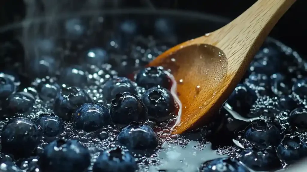 simmering blueberry syrup in pan