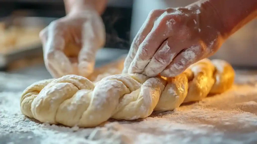 Shaping challah buns into braids