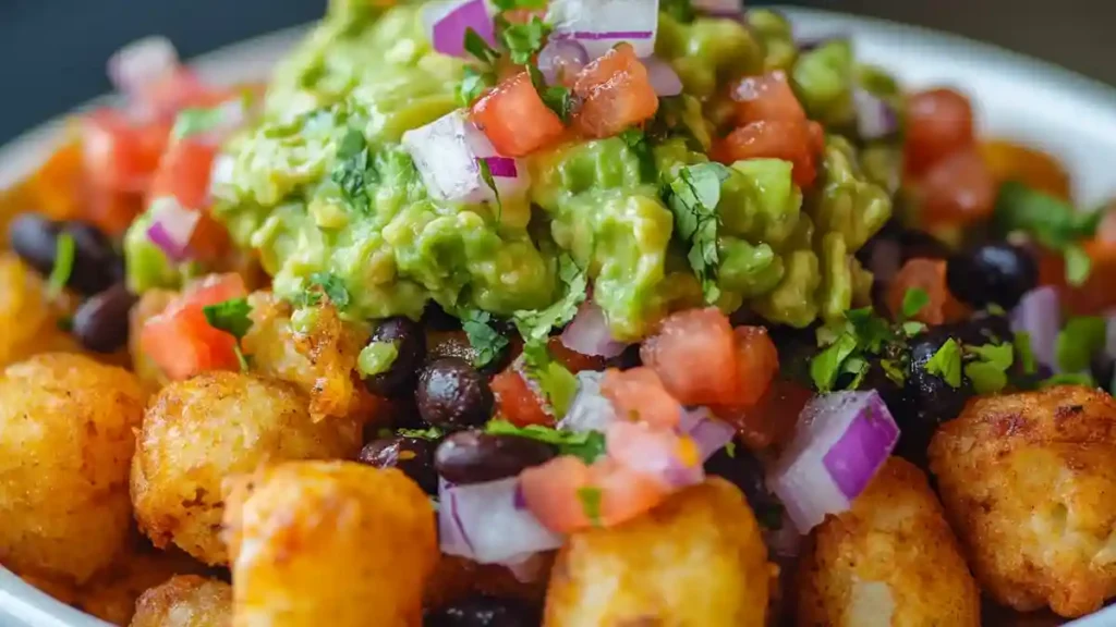 vegan loaded tater tots with plant-based toppings