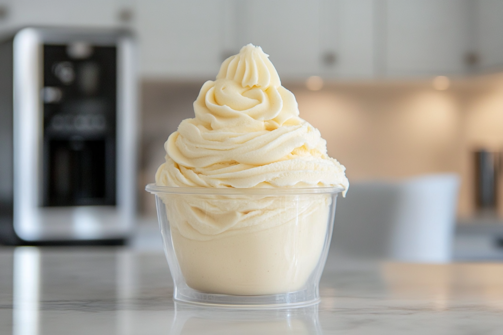 Vanilla ninja creami recipes ice cream base swirled in a clear pint container