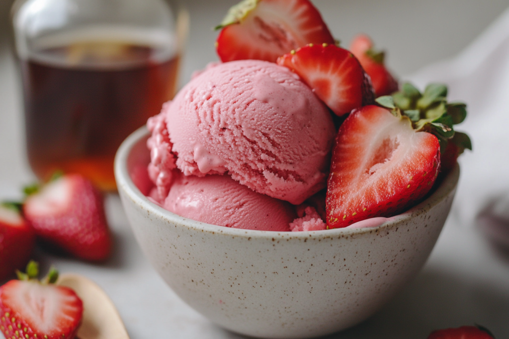 Vegan strawberry ninja creami recipes ice cream with fresh strawberries on top