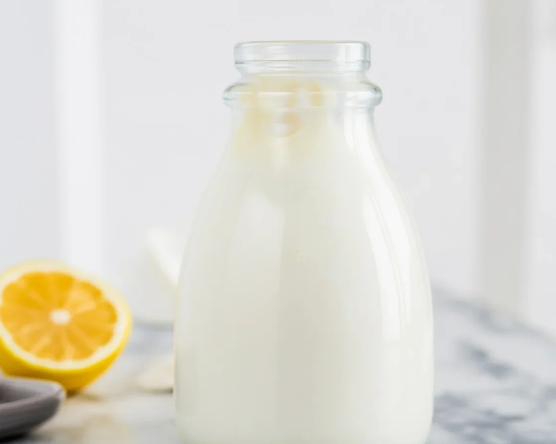 Homemade buttermilk mixture with milk and vinegar in a measuring cup