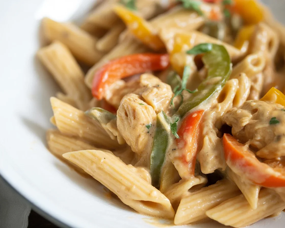 Creamy jerk chicken pasta with fresh vegetables served in a bowl