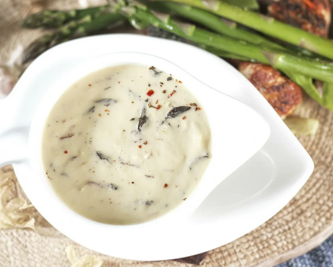 Delicious homemade truffle cream sauce drizzled over pasta with garnishes.