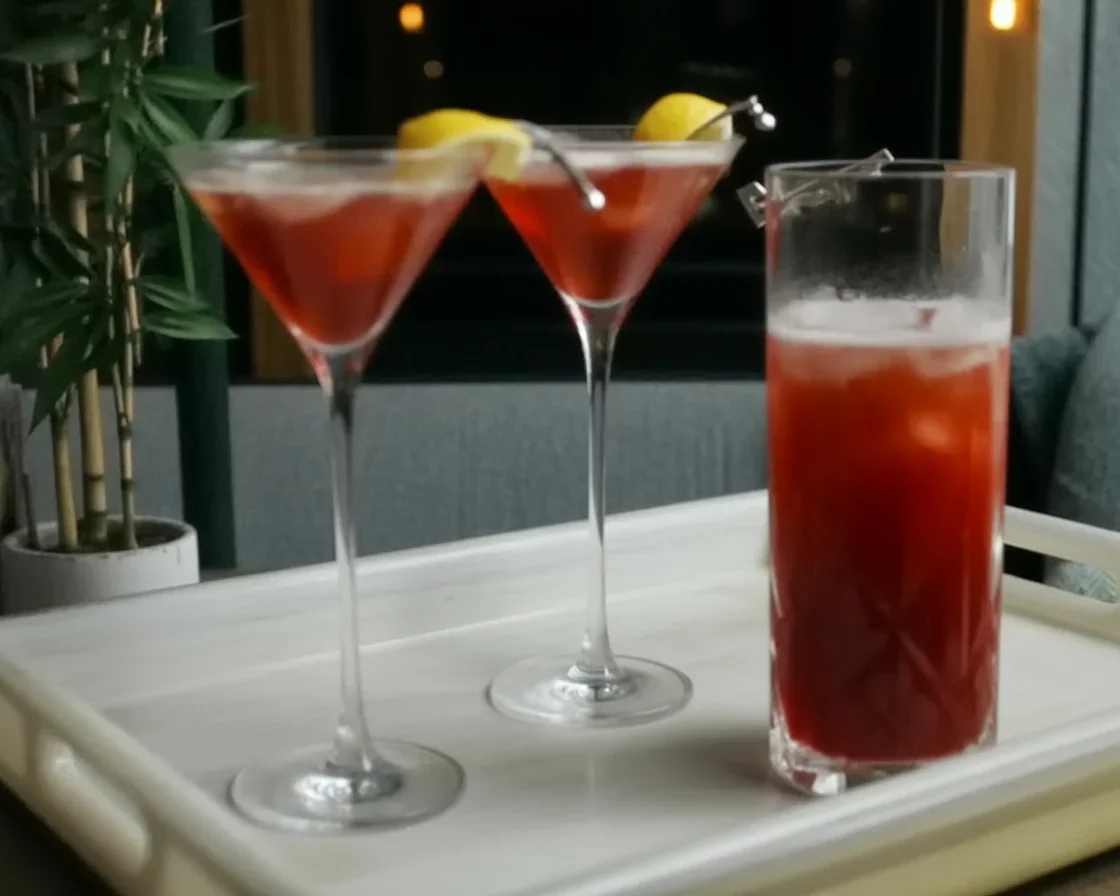 Two Madras cocktails with lemon garnish on a table, next to a pitcher of red drink