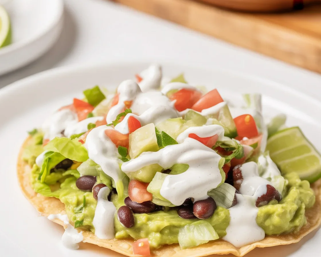 Tostaguac dish featuring a crisp corn shell with guacamole, ground beef, beans, and fresh veggies.