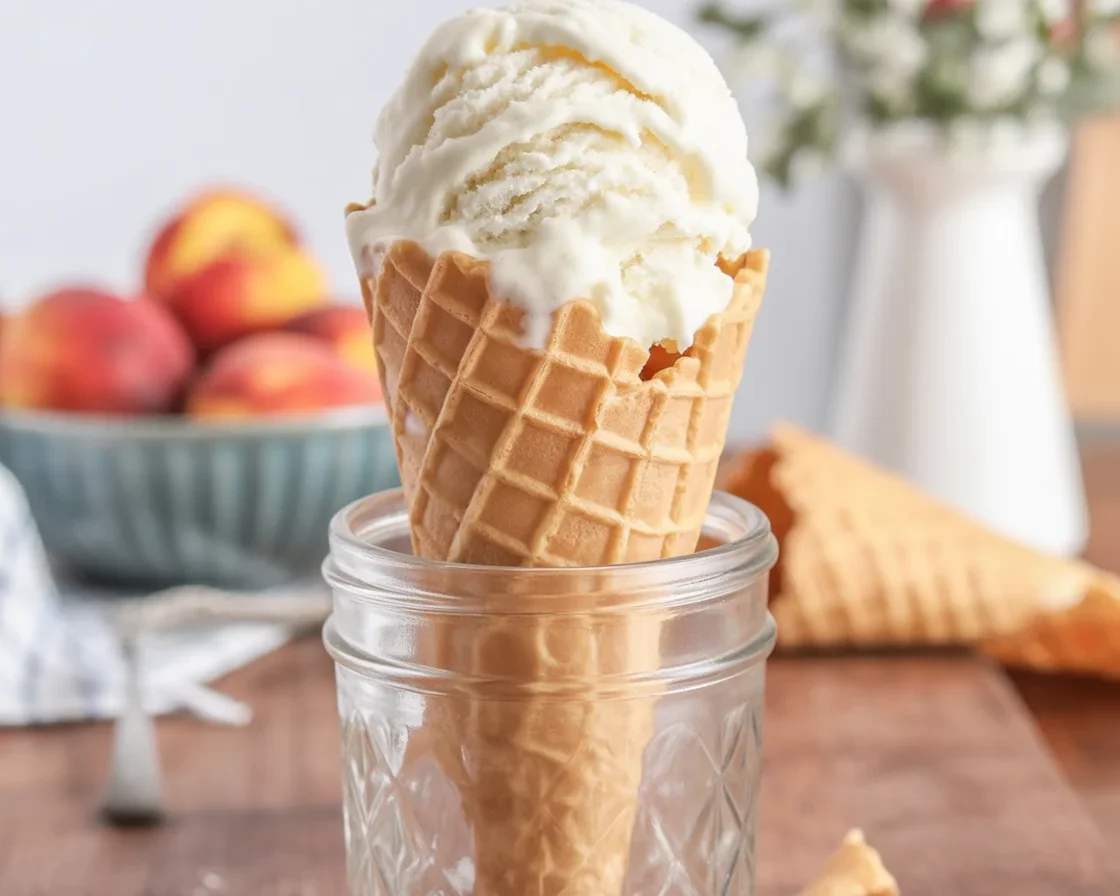 Creamy homemade peach ice cream topped with fresh peaches and honeycomb.