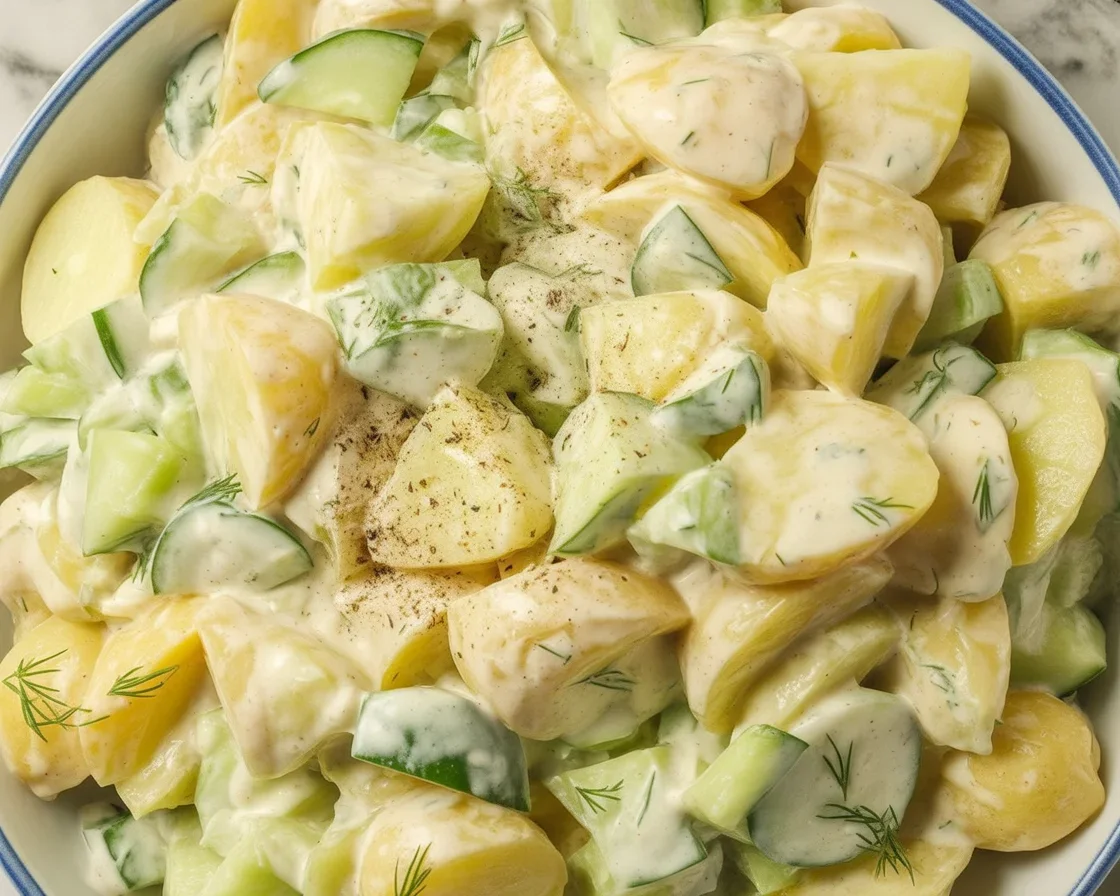 Classic potato salad recipe with egg, creamy dressing, and fresh herbs.