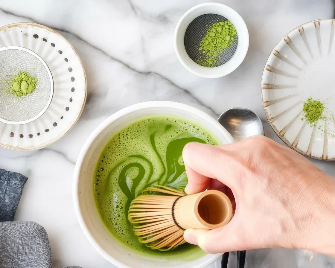 Ceremonial grade matcha green tea powder from Japan in vibrant green color.