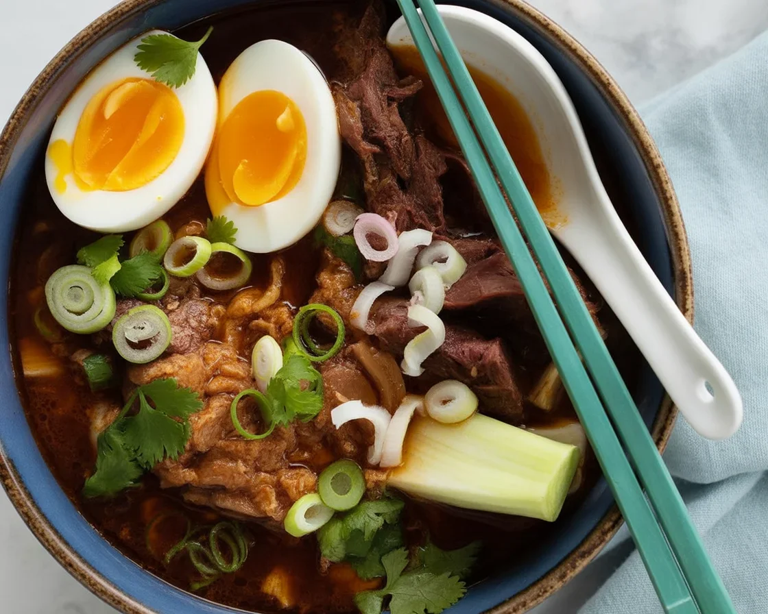A delicious bowl of birria ramen topped with tender beef, rich broth, and fresh herbs.