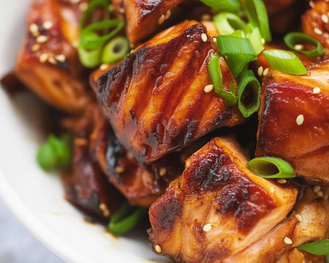 Delicious air fryer salmon bites with a savory and sweet marinade