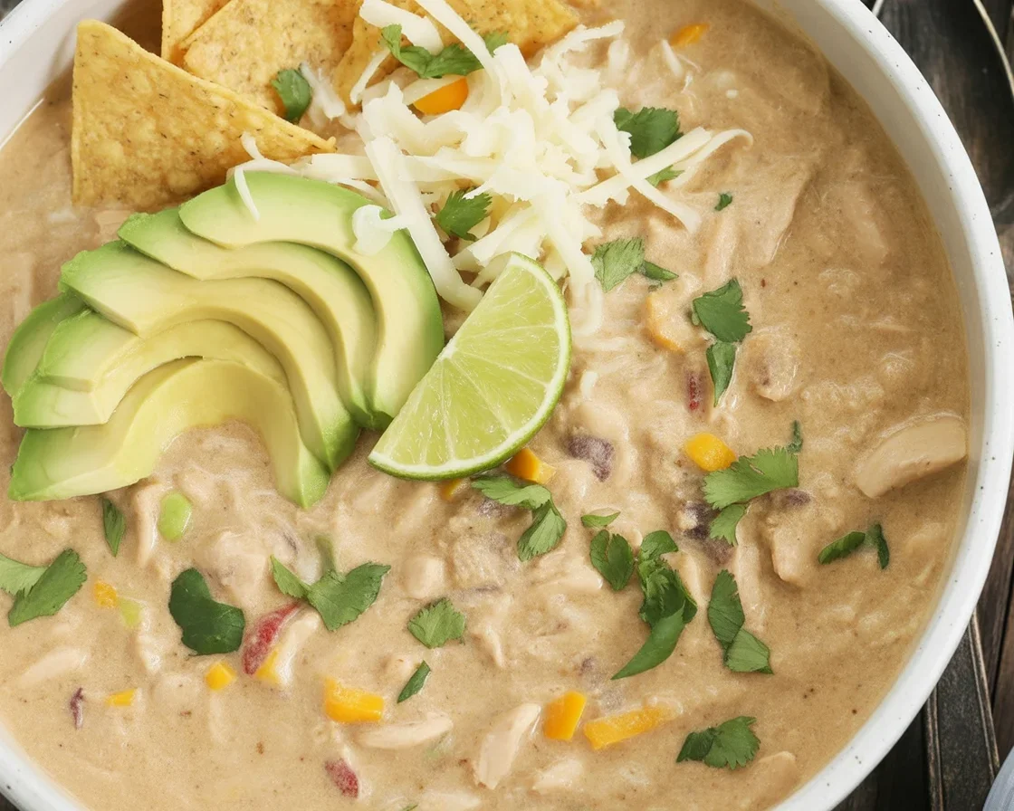 Creamy chicken chili recipe with white cannellini beans and spices in a bowl.
