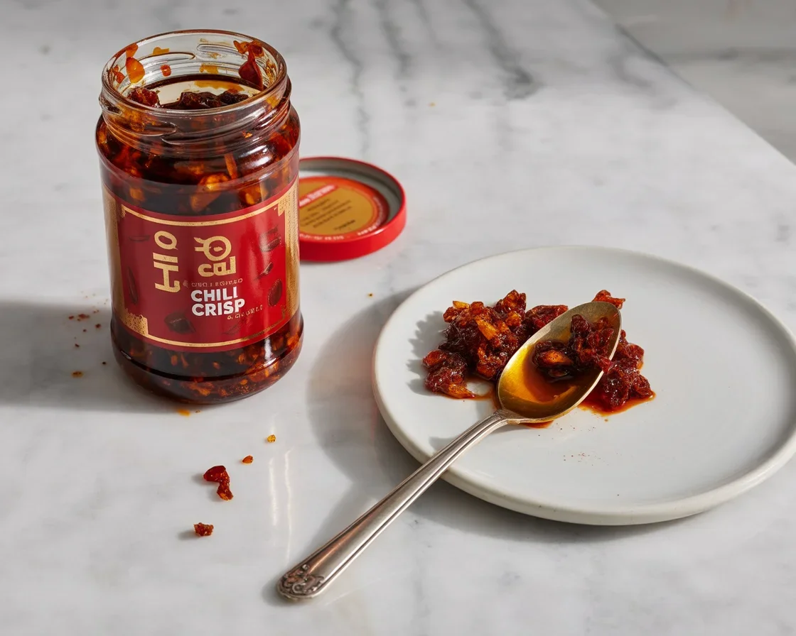 Bowl of homemade chili crisp with aromatic spices and fried garlic.