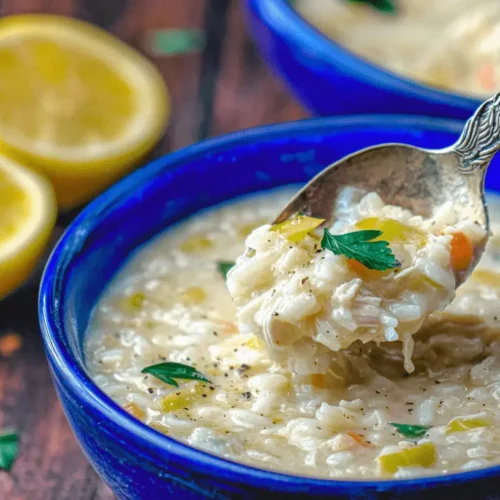 A spoonful of creamy avgolemono soup with chicken and rice being lifted from a rustic blue bowl, garnished with fresh parsley and accompanied by lemon halves.