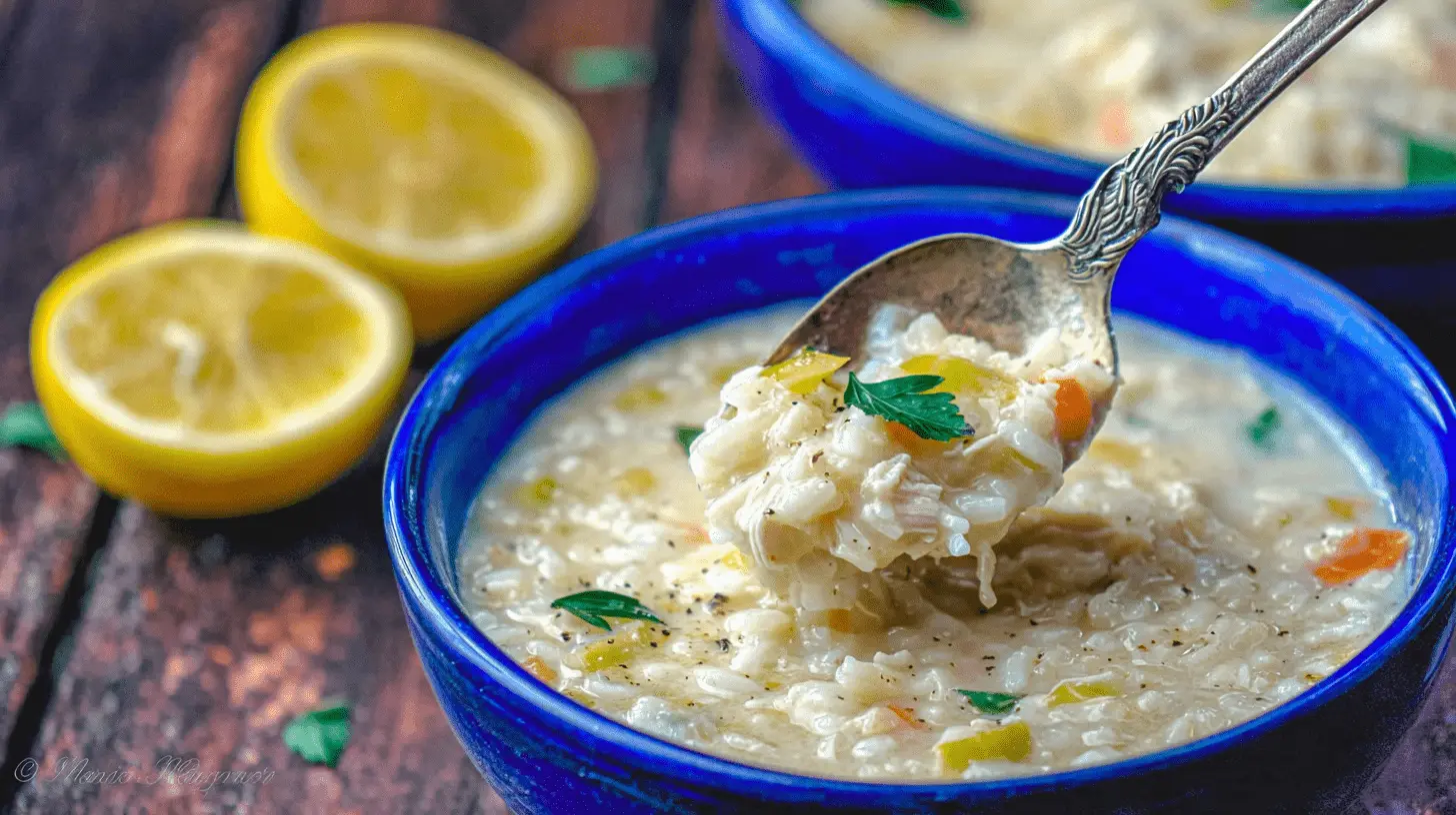 A spoonful of creamy avgolemono soup with chicken and rice being lifted from a rustic blue bowl, garnished with fresh parsley and accompanied by lemon halves.