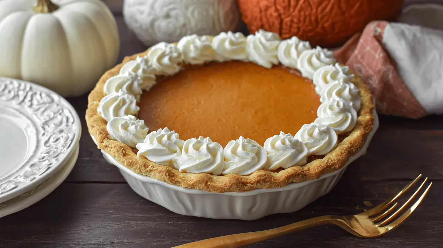 A golden-brown pumpkin pie with whipped cream rosettes and fall decorations on a dark wood surface, showcasing the best pumpkin pie recipe.