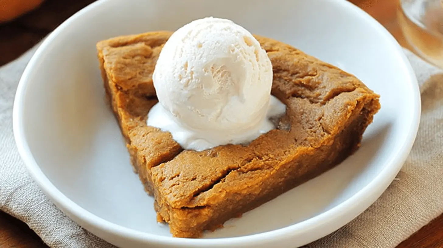 Delicious single serving of crustless pumpkin pie topped with melting vanilla ice cream in a white bowl.