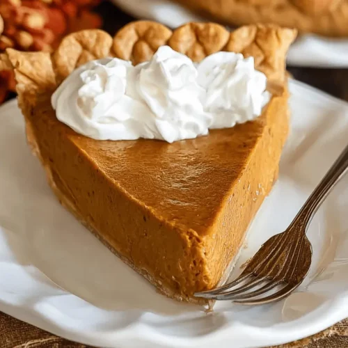 A golden-brown slice of pumpkin pie with whipped cream on a rustic plate, embodying an easy pumpkin pie recipe.