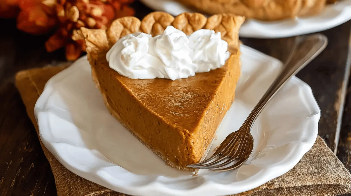 A golden-brown slice of pumpkin pie with whipped cream on a rustic plate, embodying an easy pumpkin pie recipe.