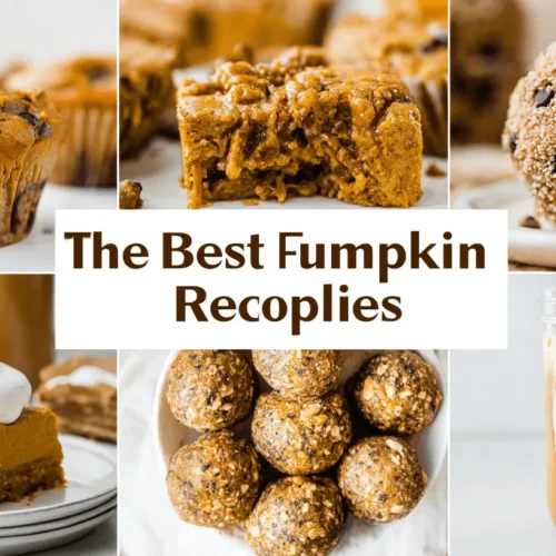 A vibrant food collage featuring various healthy pumpkin recipes and autumn treats, including muffins, energy bites, and cheesecake bars, artfully arranged around a central title.