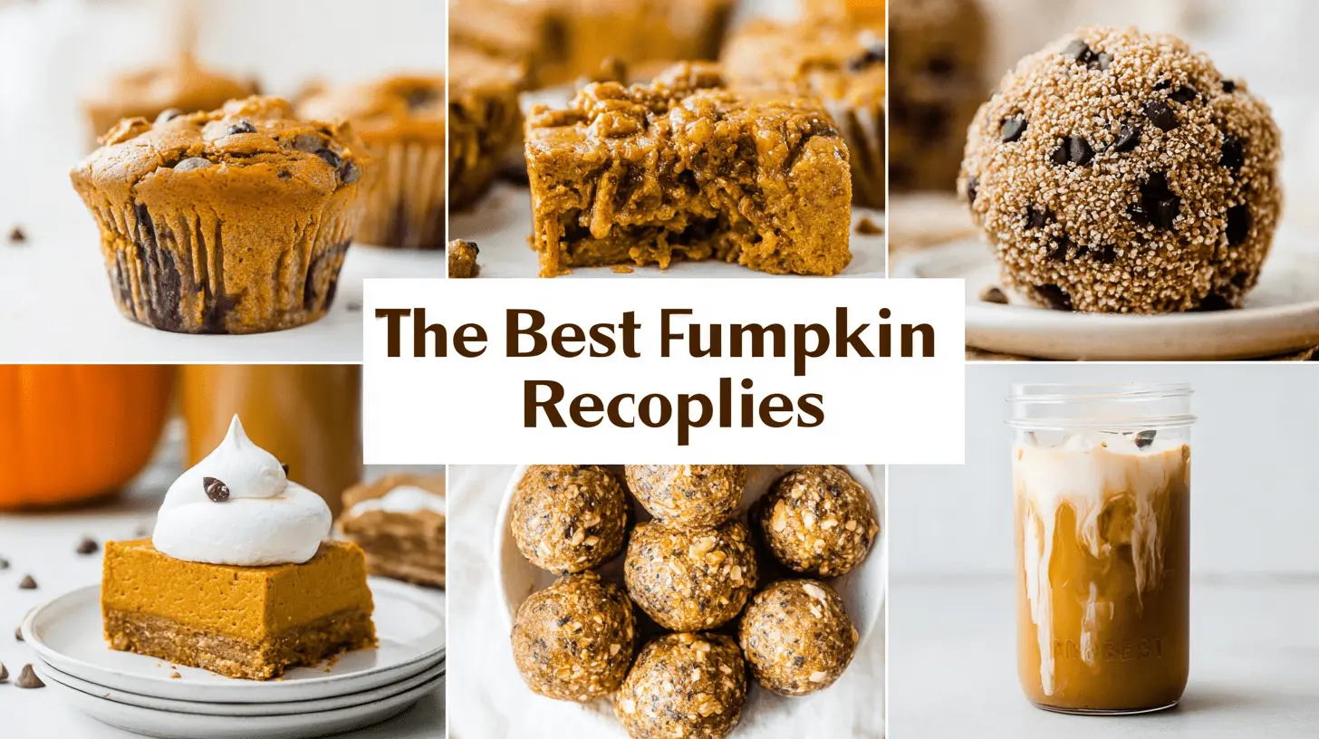 A vibrant food collage featuring various healthy pumpkin recipes and autumn treats, including muffins, energy bites, and cheesecake bars, artfully arranged around a central title.
