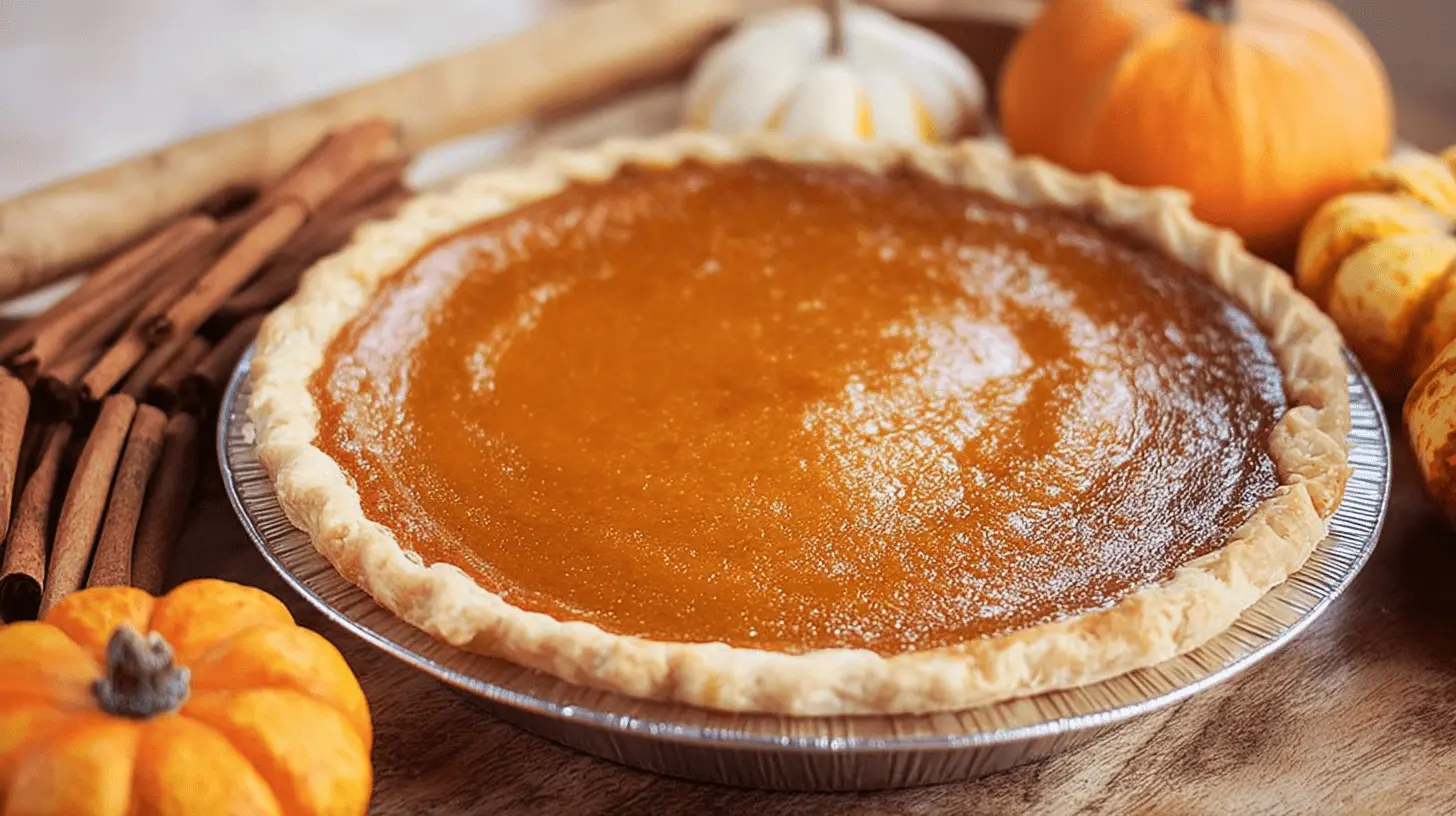 Beautifully baked libbys pumpkin pie recipe with a golden crust, surrounded by autumn gourds and cinnamon sticks.