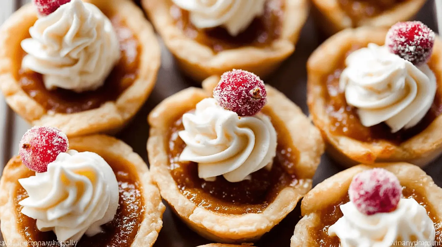 Close-up overhead view of delicious mini pumpkin pies topped with whipped cream and sugared cranberries.