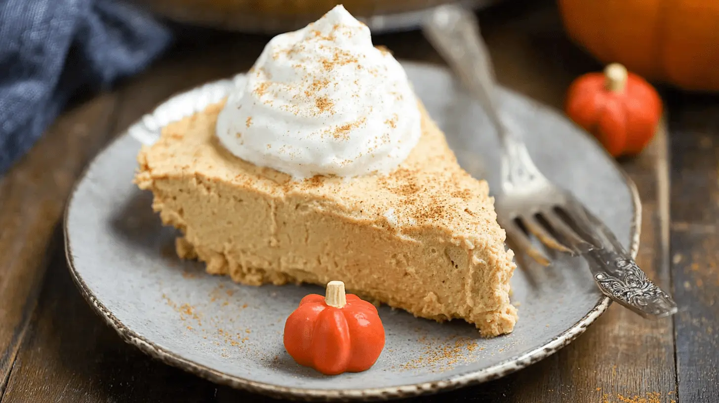 A creamy slice of no bake pumpkin pie topped with whipped cream and spice on a rustic plate.