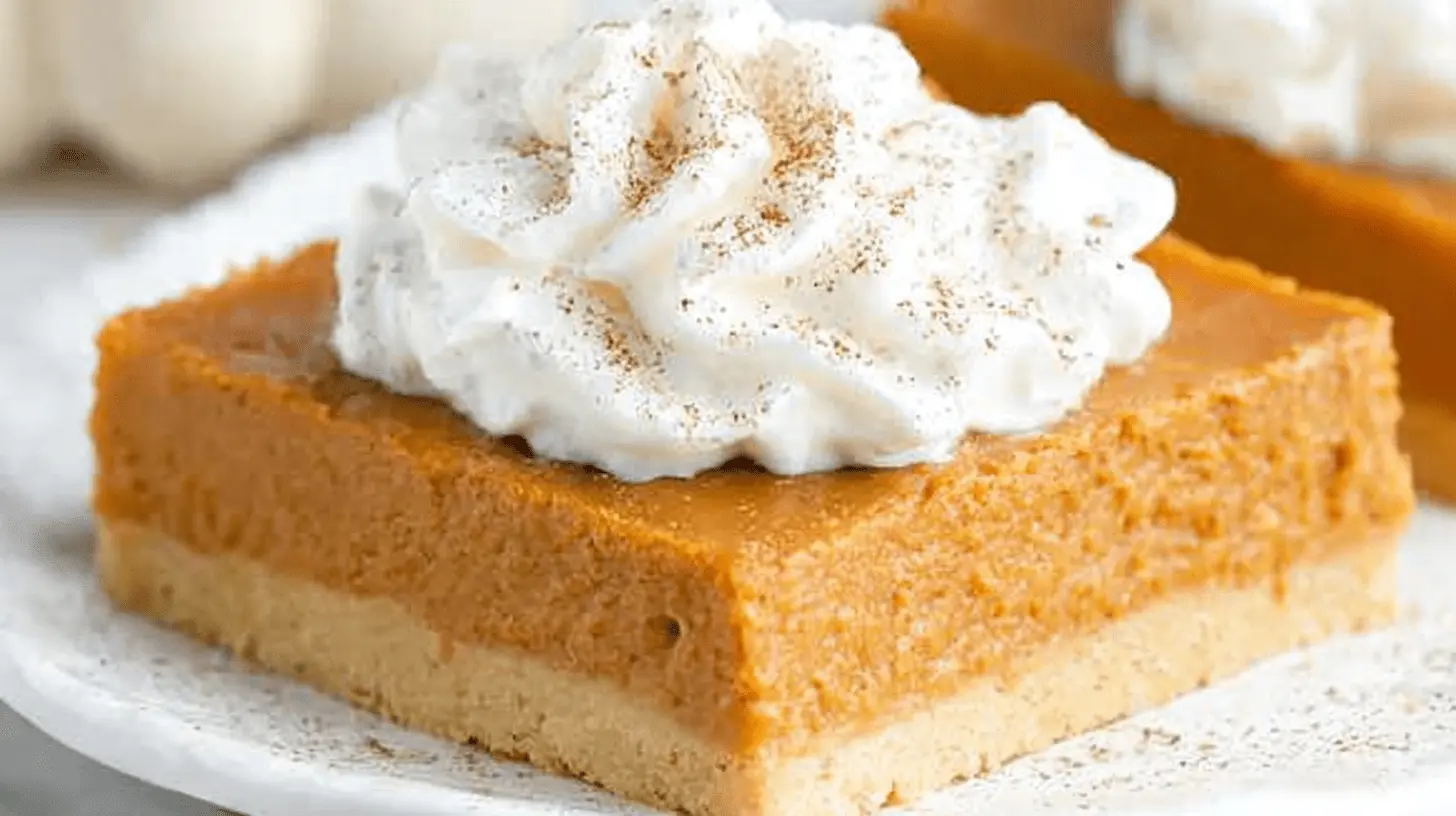 Delicious pumpkin pie bars topped with whipped cream and spice on a white plate.