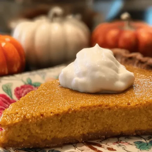 Close-up of a delicious slice of homemade pumpkin pie from scratch, topped with whipped cream, against a festive autumnal background with decorative pumpkins.