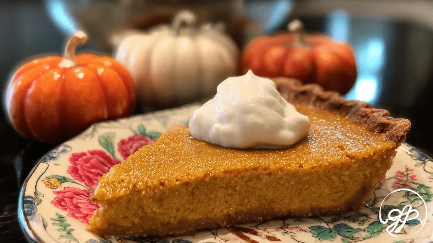 Close-up of a delicious slice of homemade pumpkin pie from scratch, topped with whipped cream, against a festive autumnal background with decorative pumpkins.