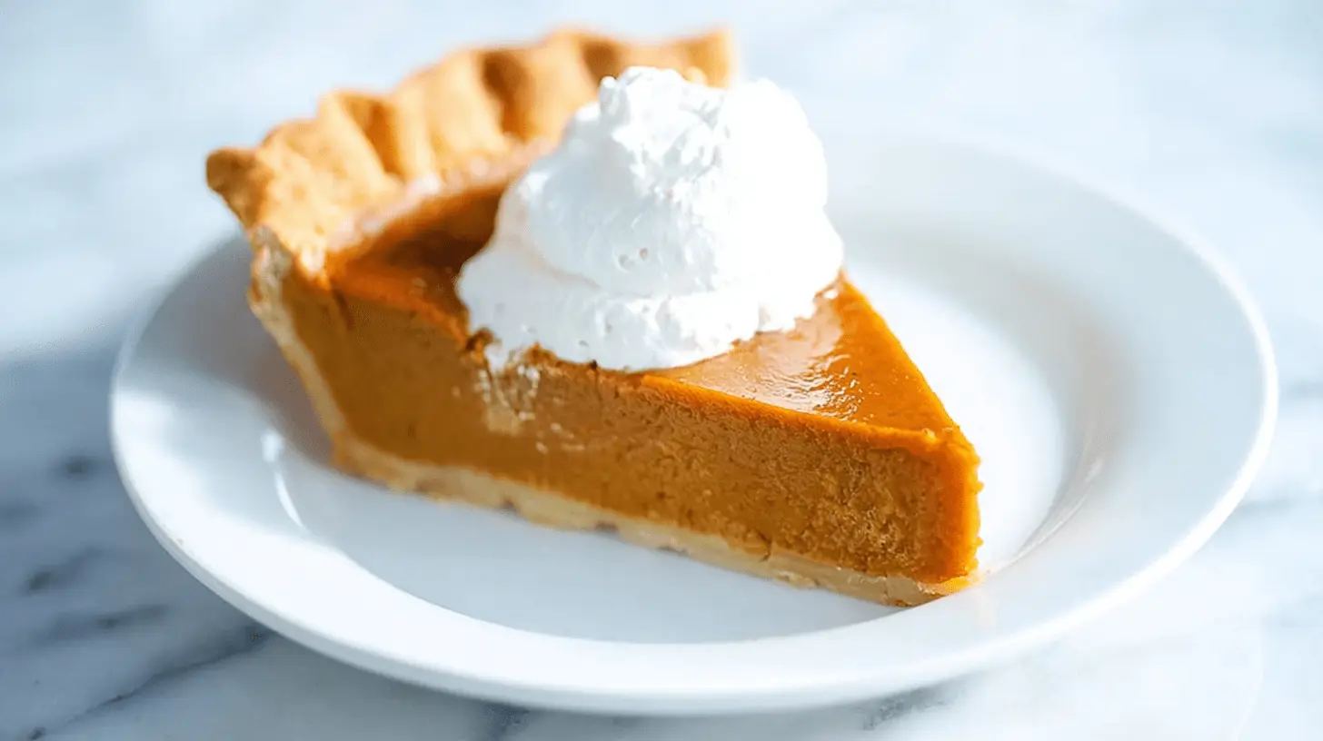 A delectable slice of pumpkin pie topped with whipped cream, showcasing a perfect pumpkin pie recipe.