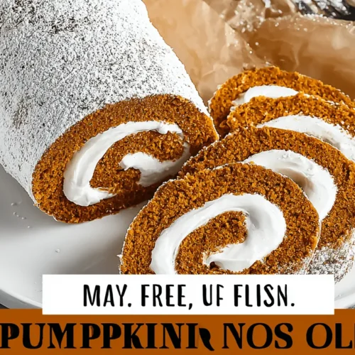 Appetizing pumpkin roll dessert with fanned slices displaying creamy filling, dusted with powdered sugar on a white plate.