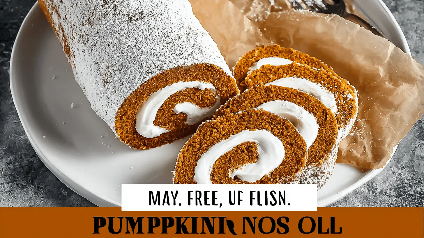 Appetizing pumpkin roll dessert with fanned slices displaying creamy filling, dusted with powdered sugar on a white plate.