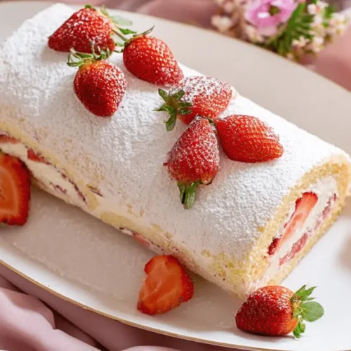 Beautifully presented strawberry Swiss roll cake, dusted with powdered sugar and fresh strawberries, ideal for a delightful **swiss roll recipe**.