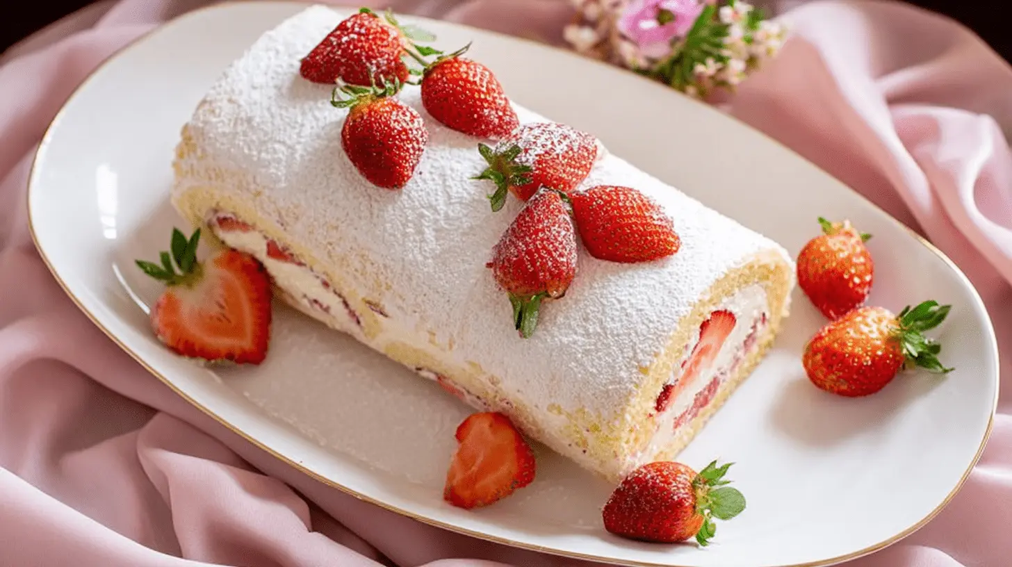 Beautifully presented strawberry Swiss roll cake, dusted with powdered sugar and fresh strawberries, ideal for a delightful **swiss roll recipe**.