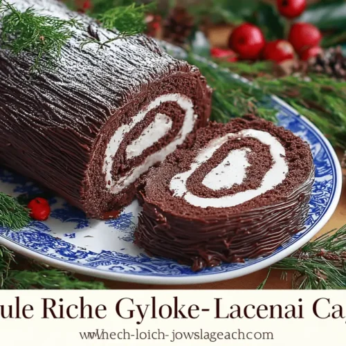 A beautifully decorated chocolate yule log cake, dusted with 'snow' and garnished with pine, showing a slice revealing cream filling, surrounded by festive greenery and berries, perfect for a yule log cake recipe.