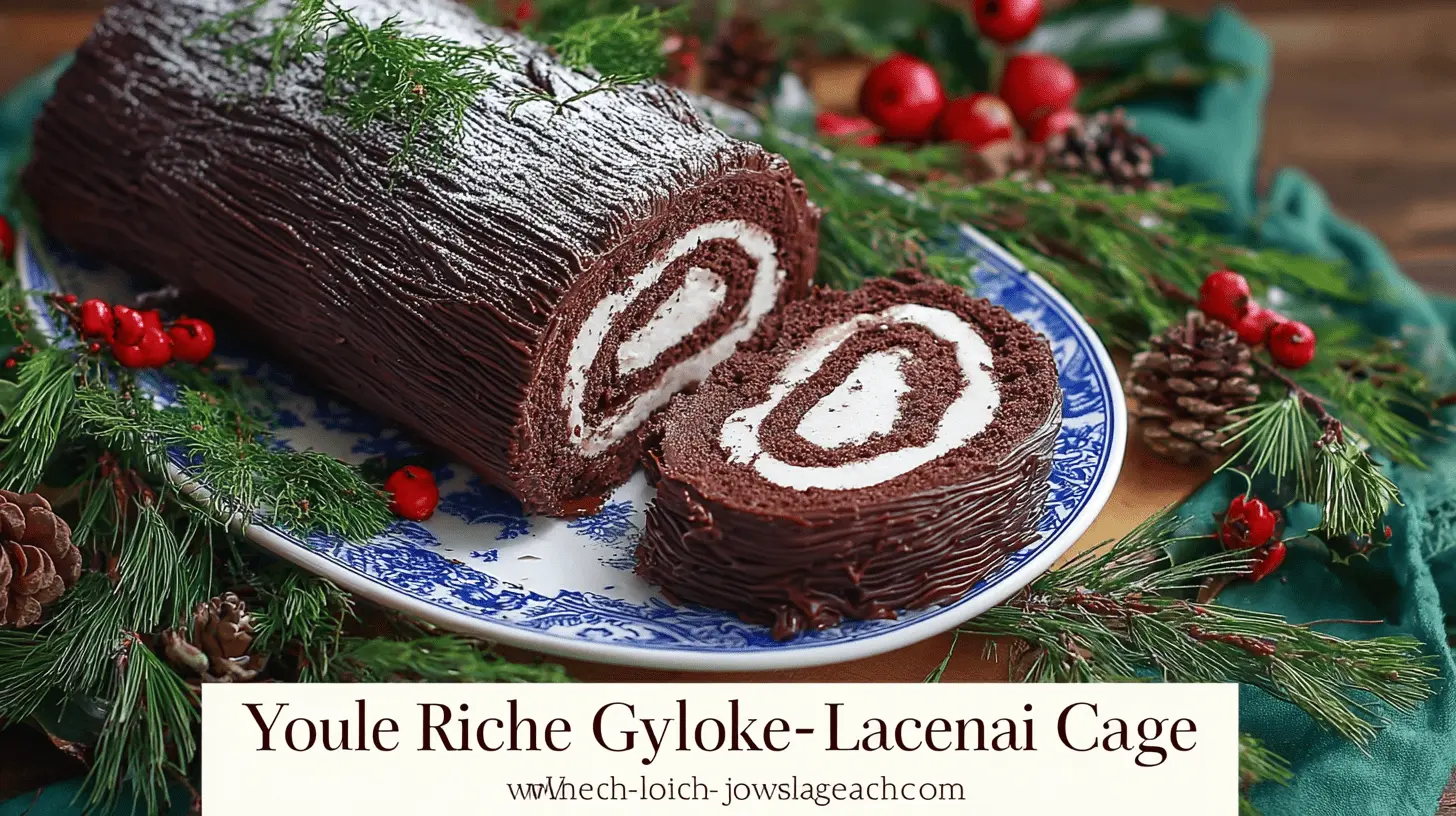 A beautifully decorated chocolate yule log cake, dusted with 'snow' and garnished with pine, showing a slice revealing cream filling, surrounded by festive greenery and berries, perfect for a yule log cake recipe.