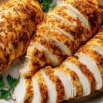 Seasoned and sliced Crockpot Chicken breasts on an oval platter with parsley.