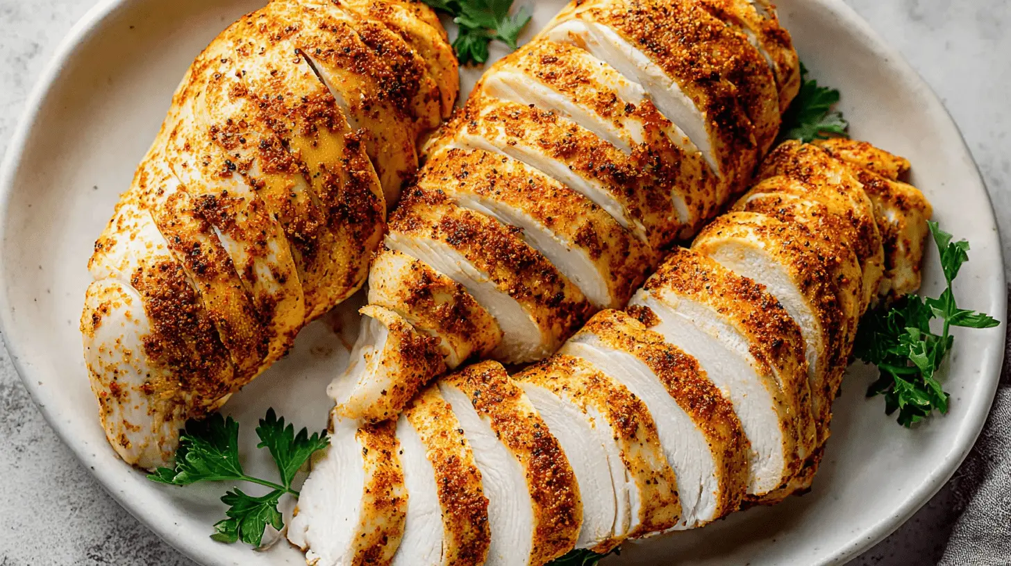 Seasoned and sliced Crockpot Chicken breasts on an oval platter with parsley.