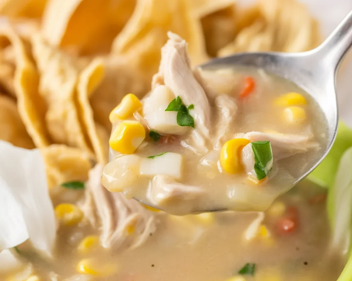 Delicious creamy white chicken chili made in a crockpot with beans, spices, and chicken.