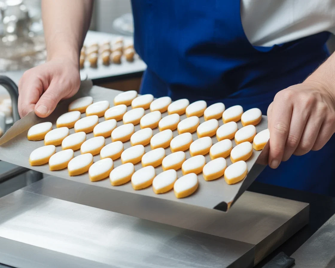 Calissons from Provence with almond, melon, and orange peel, coated in royal icing.