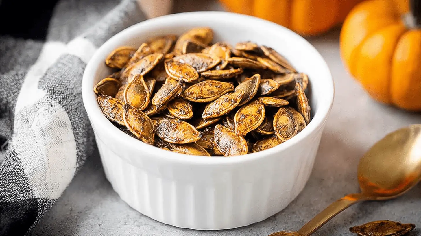 A ramekin filled with roasted pumpkin seeds, ready to enjoy after learning how to make pumpkin seeds in the oven.
