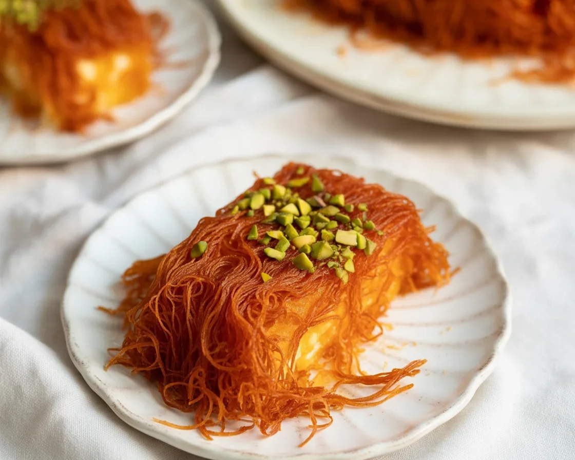 Delicious Knafeh with layers of crispy pastry and sweet cheese soaked in syrup.