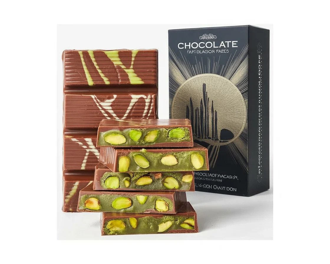 Viral Dubai chocolate pistachio bar with crunchy kunafa topping.