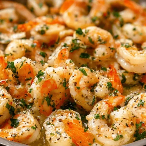 Close-up of a generous serving of perfectly cooked Shrimp Scampi in a metal pan, garnished with fresh parsley and black pepper.