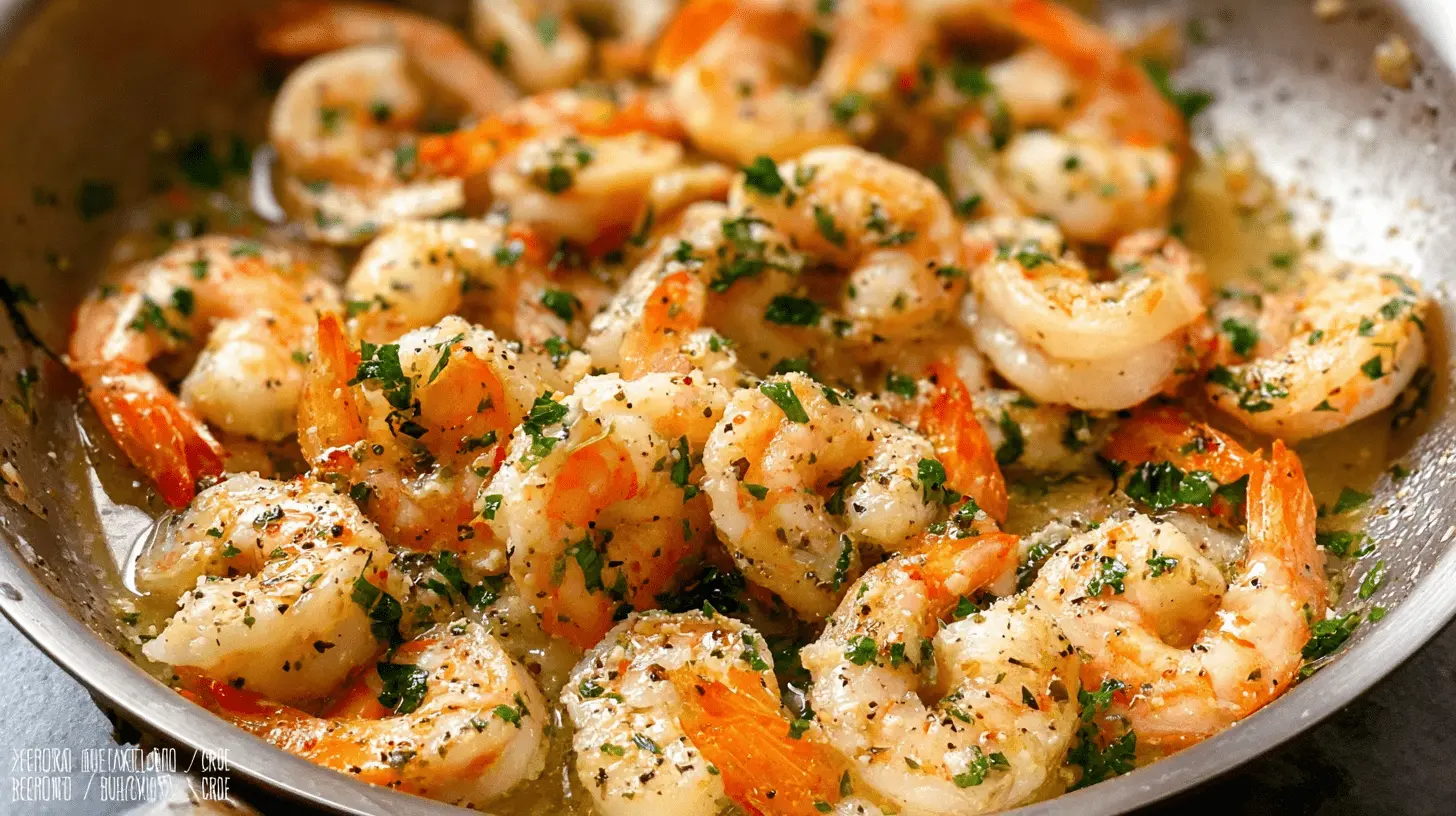 Close-up of a generous serving of perfectly cooked Shrimp Scampi in a metal pan, garnished with fresh parsley and black pepper.