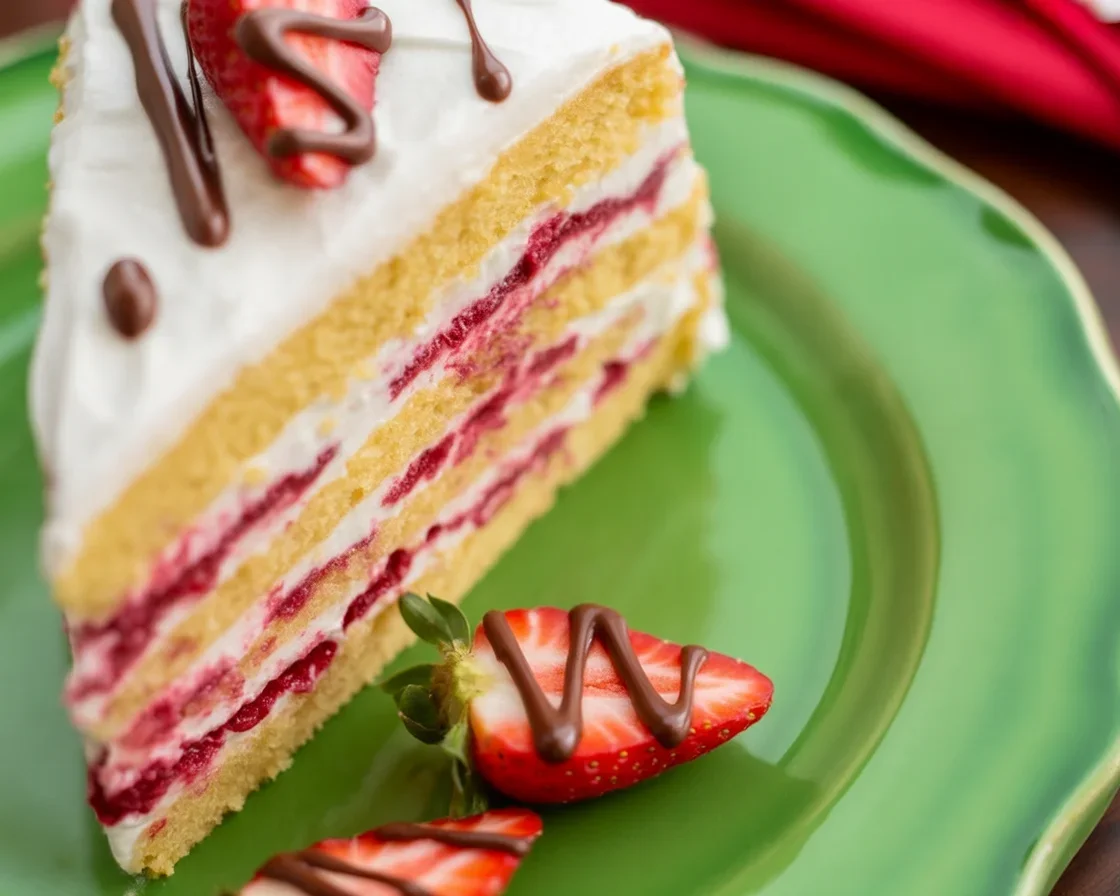Delicious strawberry layer cake topped with creamy frosting and fresh strawberries.