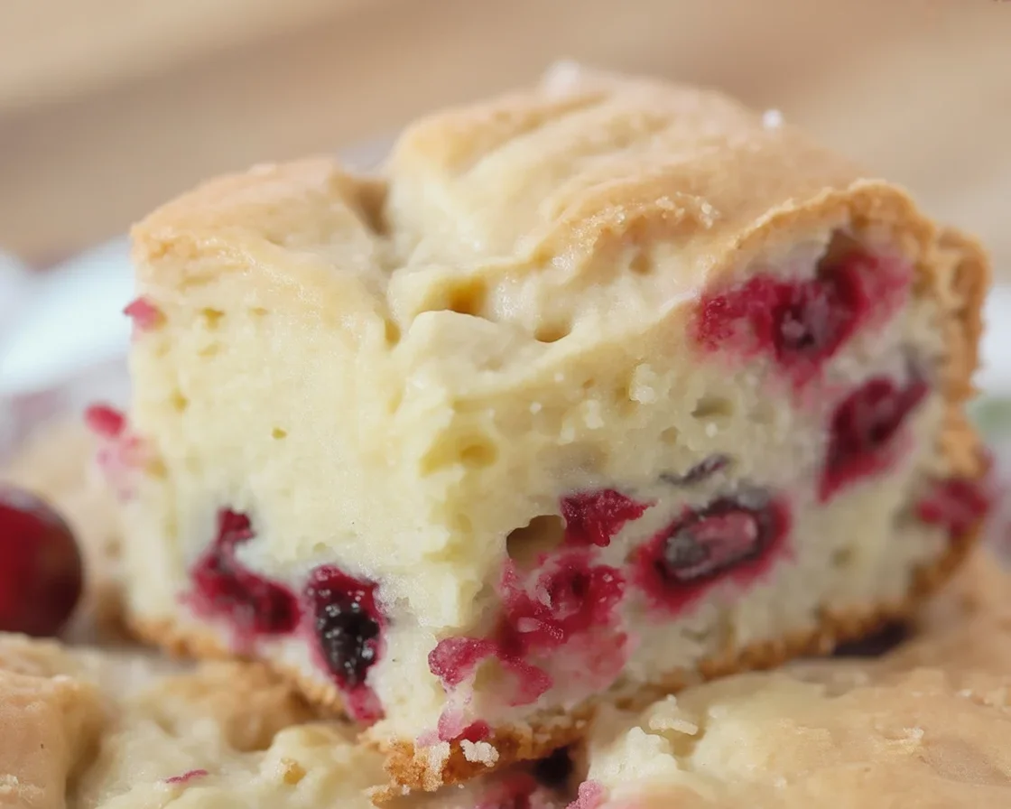 Moist cranberry cake topped with tart cranberries and a buttery glaze.
